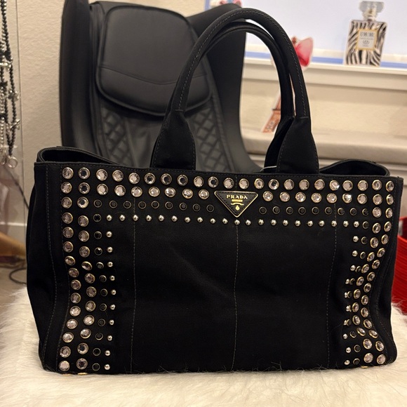 Prada Handbags - Beautiful Prada ❤️ Crystal Studded Black Denim Canapa Tote Bag